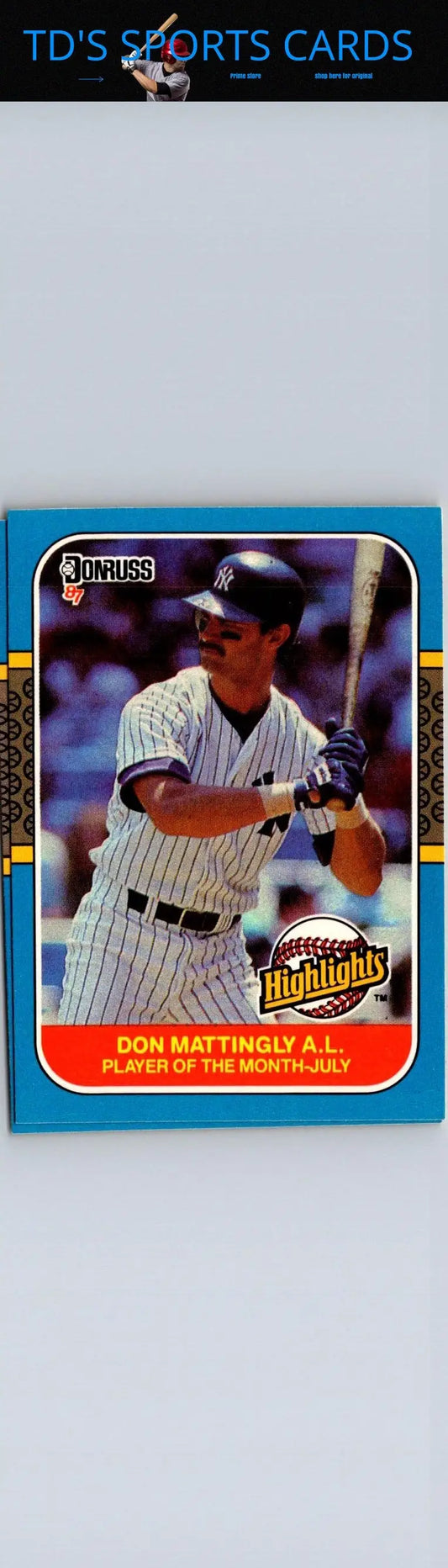 1987 Donruss Highlights Don Mattingly baseball card showcasing Don Mattingly memorabilia