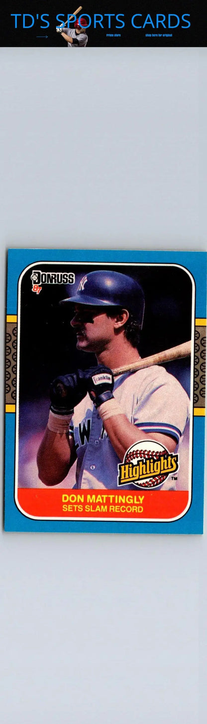 Don Mattingly baseball trading card from 1987 Donruss Highlights with blue border