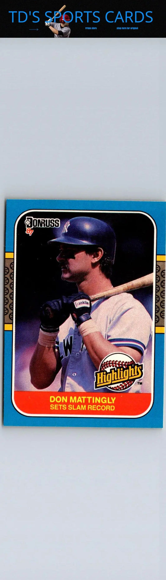 Don Mattingly baseball trading card from 1987 Donruss Highlights with blue border