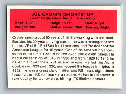 1987 Hygrade All-Time Greats NNO Joe Cronin baseball card Boston Red Sox collectible