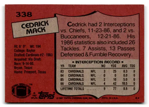 Cedric Mack football card back from 1987 Topps with original gloss and excellent Cardinals detail