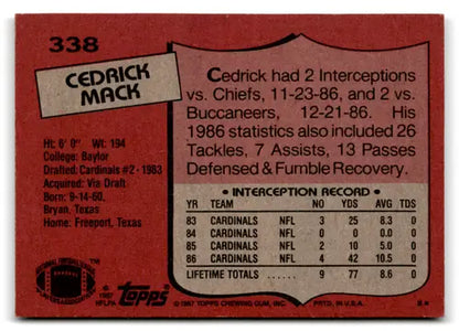 Cedric Mack football card back from 1987 Topps with original gloss and excellent Cardinals detail
