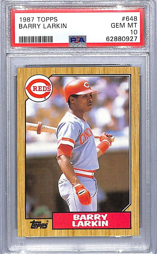PSA-graded 1987 Topps Barry Larkin GEM MINT baseball card in protective case