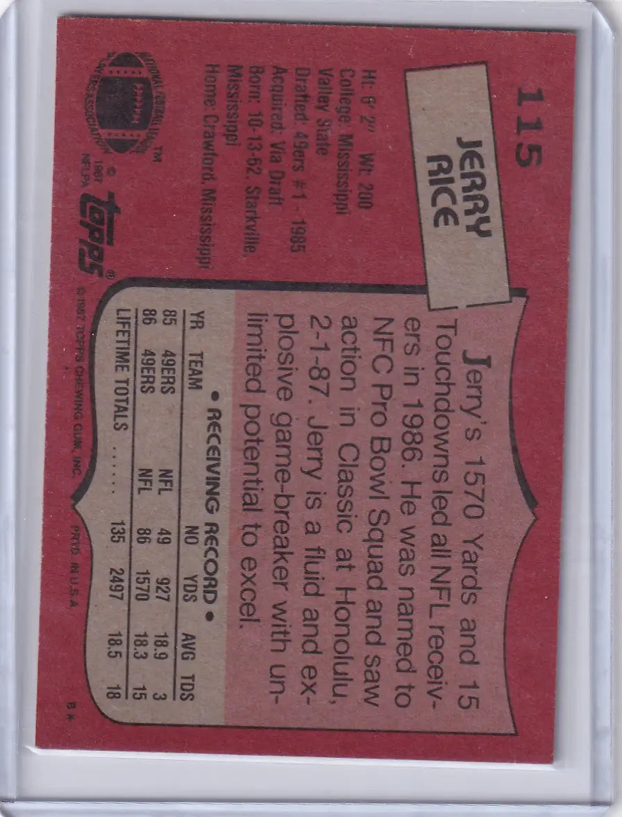 1987 Topps Football #115 Jerry Rice card featuring San Francisco 49ers highlight