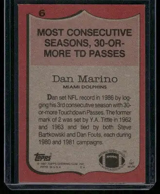 1987 Topps Record Breaker Dan Marino #6 Football - Trading Card
