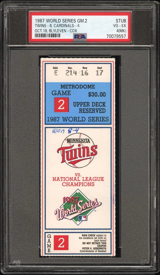 1987 World Series Game 2 Ticket Stub PSA 4 MK with Minnesota Twins logo in case