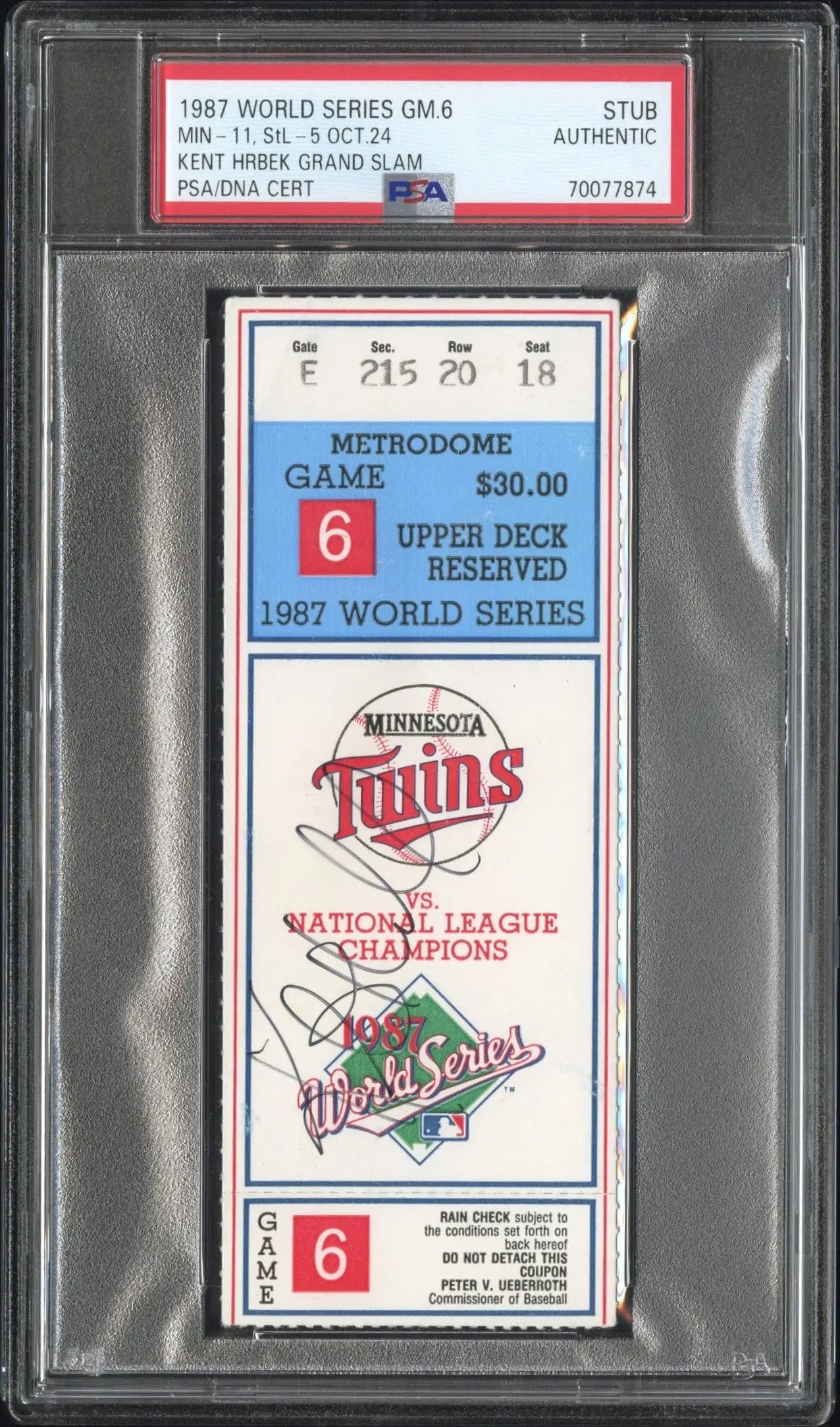 PSA-graded ticket stub signed by Kent Hrbek from 1987 World Series Game 6 at Metrodome