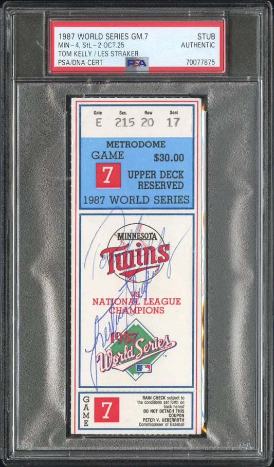 1987 World Series Game 7 ticket stub signed by Kelly Straker in PSA holder