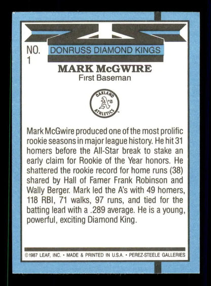 1988 Donruss #1 Mark McGwire DK Oakland Athletics Baseball Card for collectors