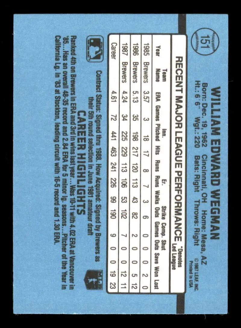 Blue 1988 Donruss #151 Bill Wegman Baseball Card displaying player statistics and performance data