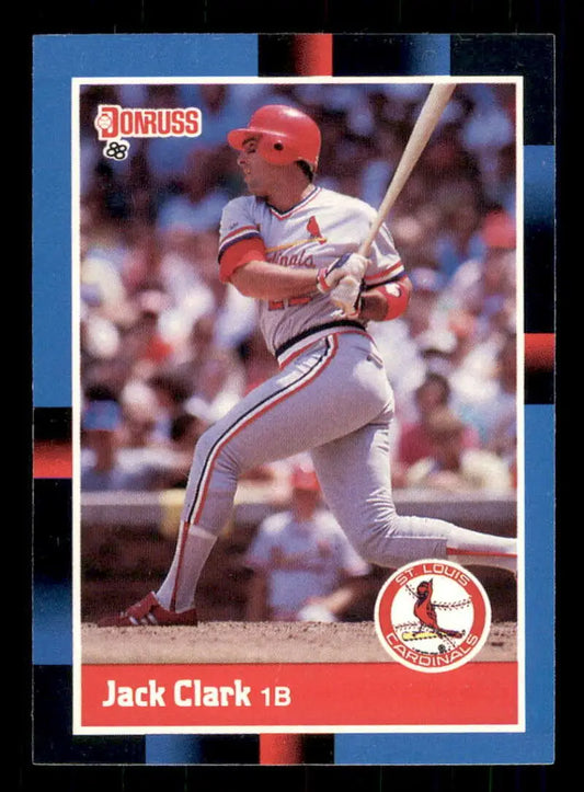 1988 Donruss Jack Clark Baseball Card featuring St. Louis Cardinals first baseman at bat