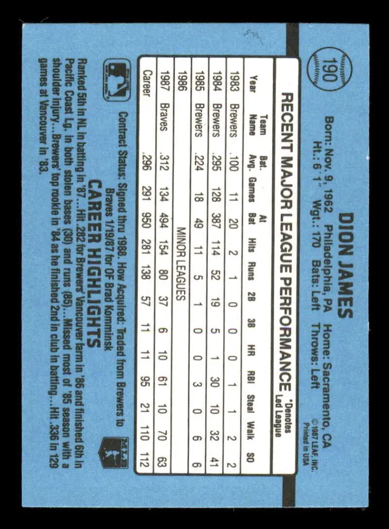 Baseball card featuring Dion James stats on light blue, perfect for trading cards collectors