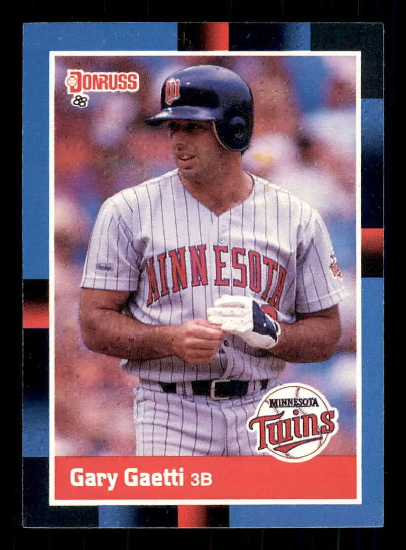 1988 Donruss baseball card of Gary Gaetti in Minnesota Twins pinstripe uniform