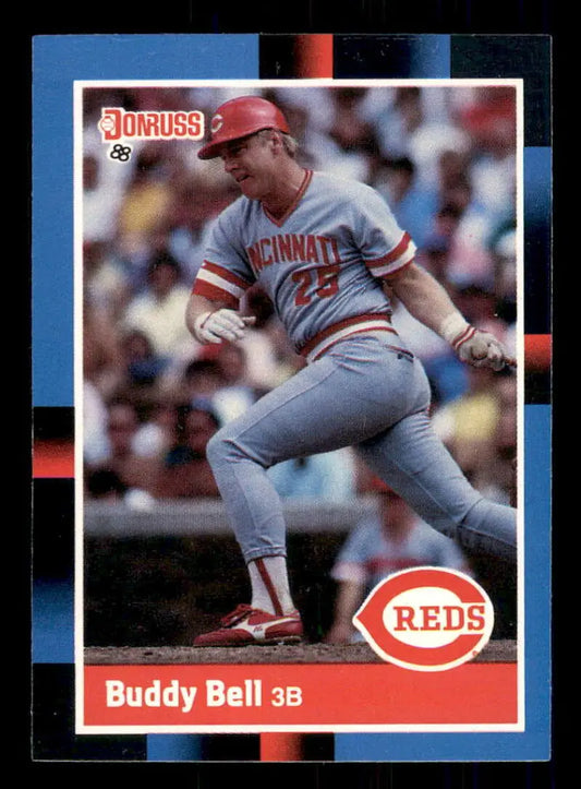 1988 Donruss Buddy Bell baseball card showcasing Cincinnati Reds in gray road uniform
