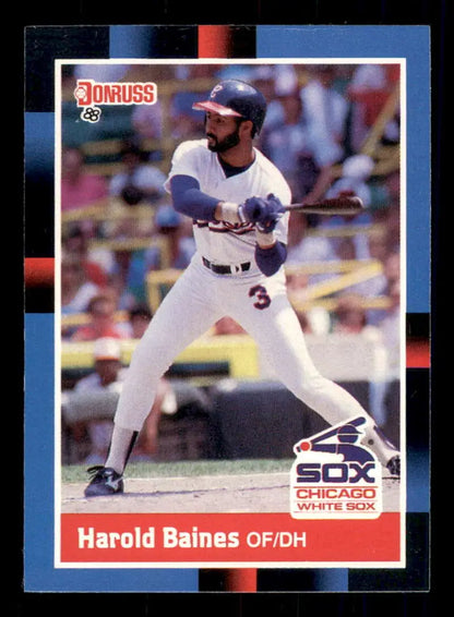 1988 Donruss Harold Baines Baseball Card featuring Chicago White Sox player at bat