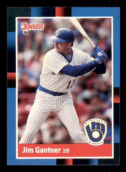 1988 Donruss Jim Gantner baseball card featuring Milwaukee Brewers player at bat