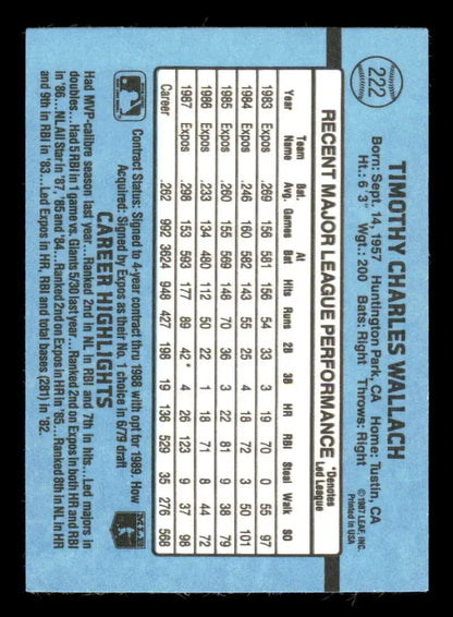 1988 Donruss #222 Tim Wallach Baseball Card with player stats on light blue background