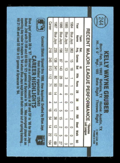 Light blue baseball card back featuring Kelly Gruber statistics for trading cards collection