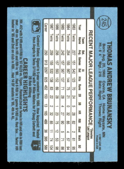 Light blue baseball card of Tom Brunansky with stats, a must-have for baseball card collectors