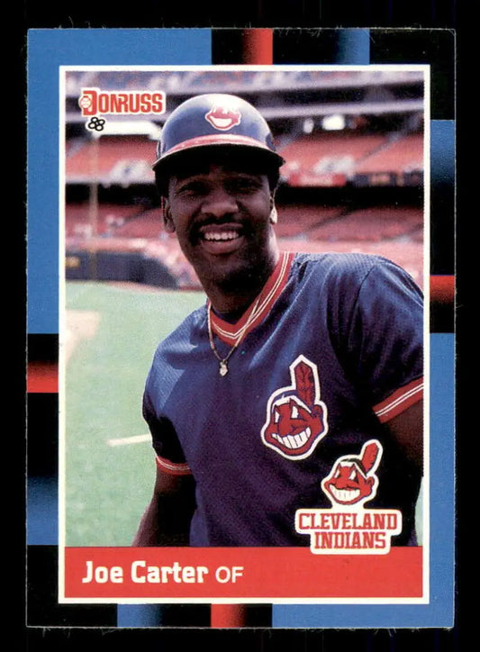 1988 Donruss Joe Carter baseball card showcasing Cleveland Indians player in navy uniform