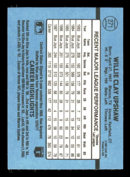 Light blue 1988 Donruss #271 Willie Upshaw baseball card with player statistics