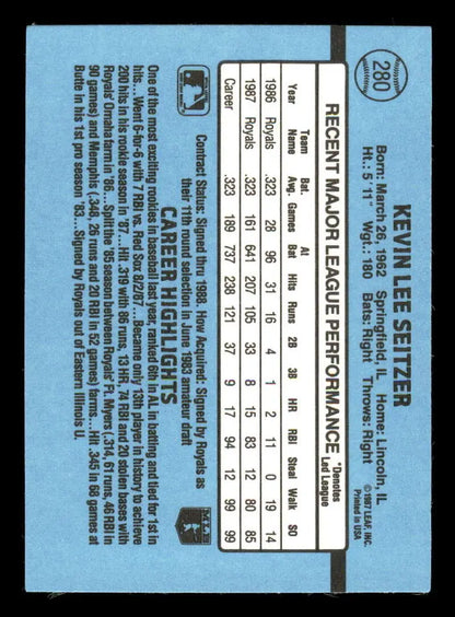 Light blue 1988 Donruss #280 Kevin Seitzer baseball card back with player stats