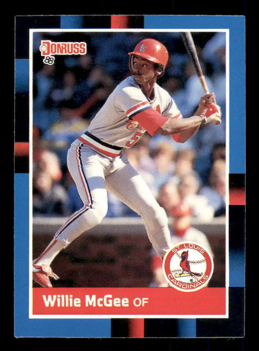 1988 Donruss baseball card of Willie McGee, St. Louis Cardinals outfielder at bat