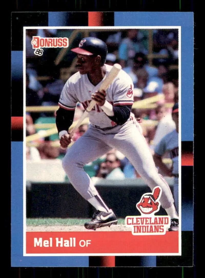 Cleveland Indians baseball card featuring Mel Hall bunting in a white uniform