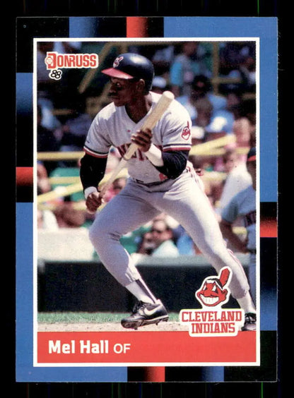 Cleveland Indians baseball card featuring Mel Hall bunting in a white uniform