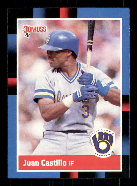 1988 Donruss Juan Castillo Baseball Card featuring Milwaukee Brewers player at bat