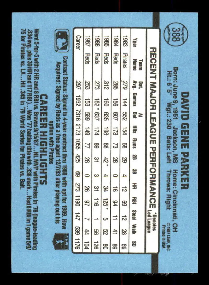1988 Donruss #388 Dave Parker NM Near Mint Reds - Trading Cards