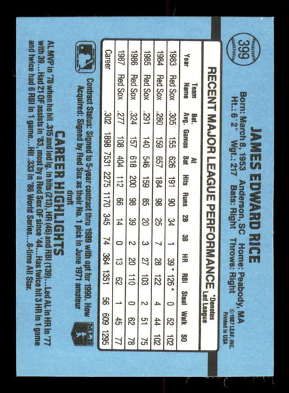 1988 Donruss Jim Rice Baseball Card displaying Boston Red Sox career statistics on blue background