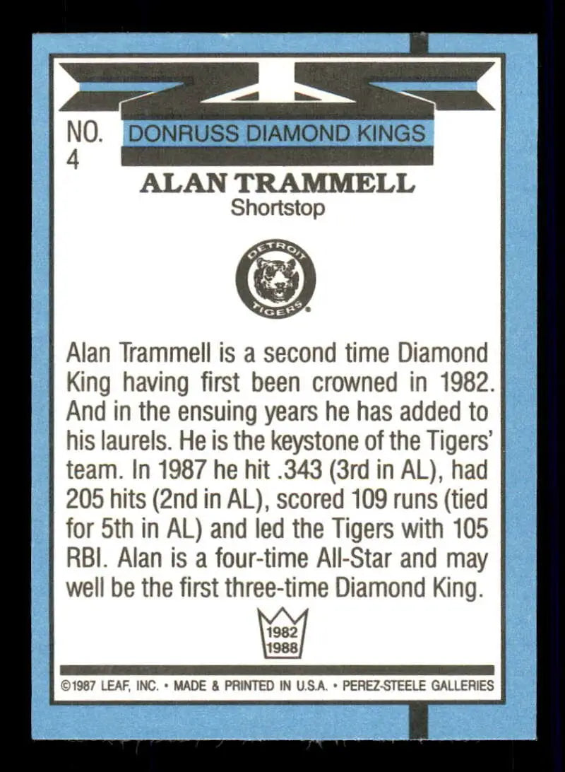 Baseball card of Alan Trammell from the Donruss Diamond Kings for Detroit Tigers