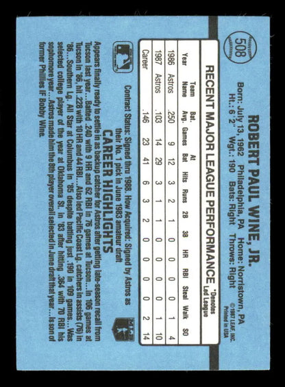 Light blue 1988 Donruss Robbie Wine Houston Astros baseball card with stats