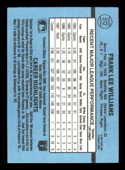 Back of 1988 Donruss #512 Frank Williams Baseball Card with stats on light blue background