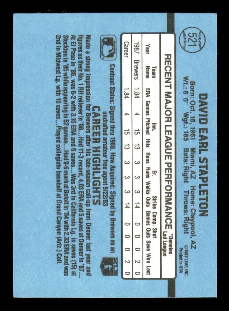 Baseball card featuring 1988 Donruss #521 Dave Stapleton of Milwaukee Brewers