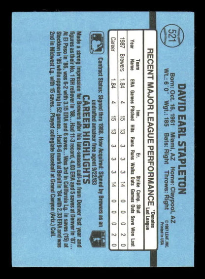 Baseball card featuring 1988 Donruss #521 Dave Stapleton of Milwaukee Brewers