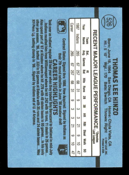 Blue baseball card featuring Tommy Hinzo statistics for Cleveland Indians rookie season