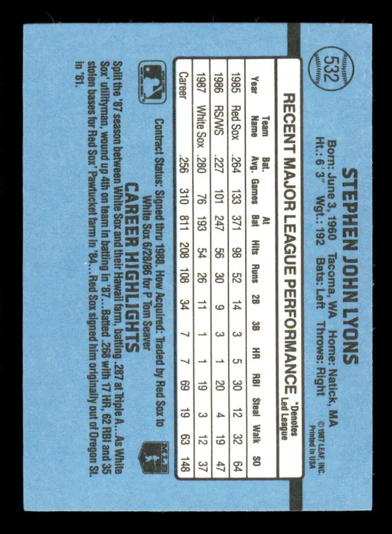 Baseball card back showing player stats for 1988 Donruss #532 Steve Lyons, Chicago White Sox