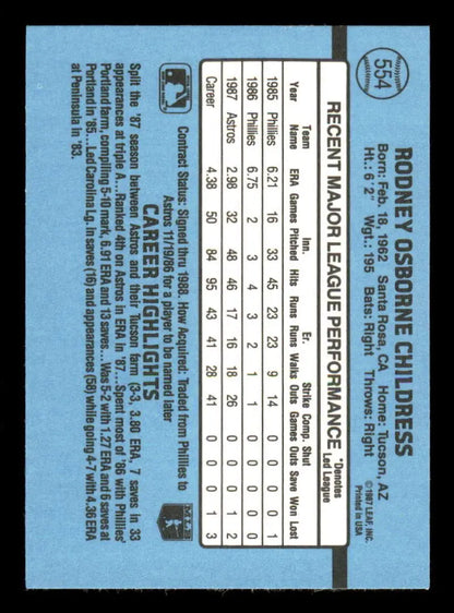 Baseball card back of Rocky Childress with statistics on a light blue background