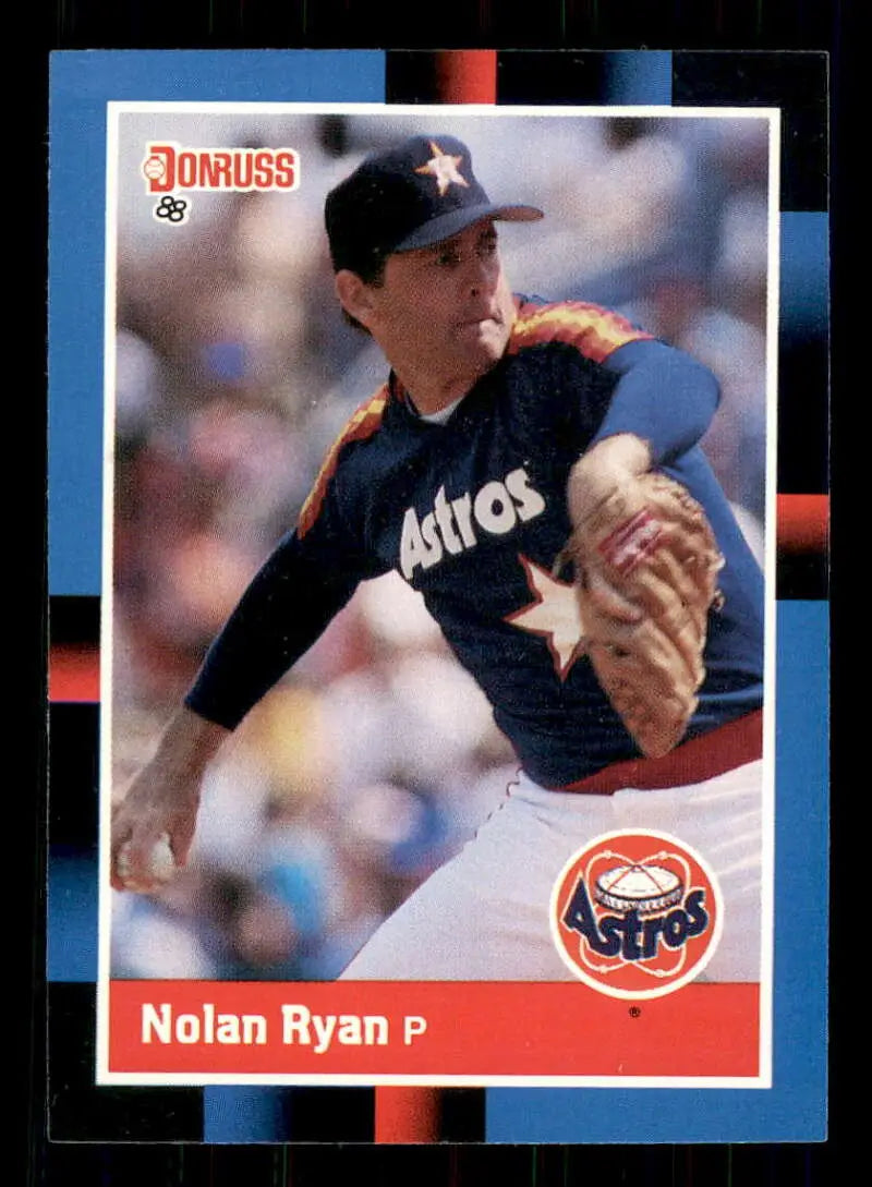 Baseball card of Nolan Ryan in navy Houston Astros uniform from Donruss 1988