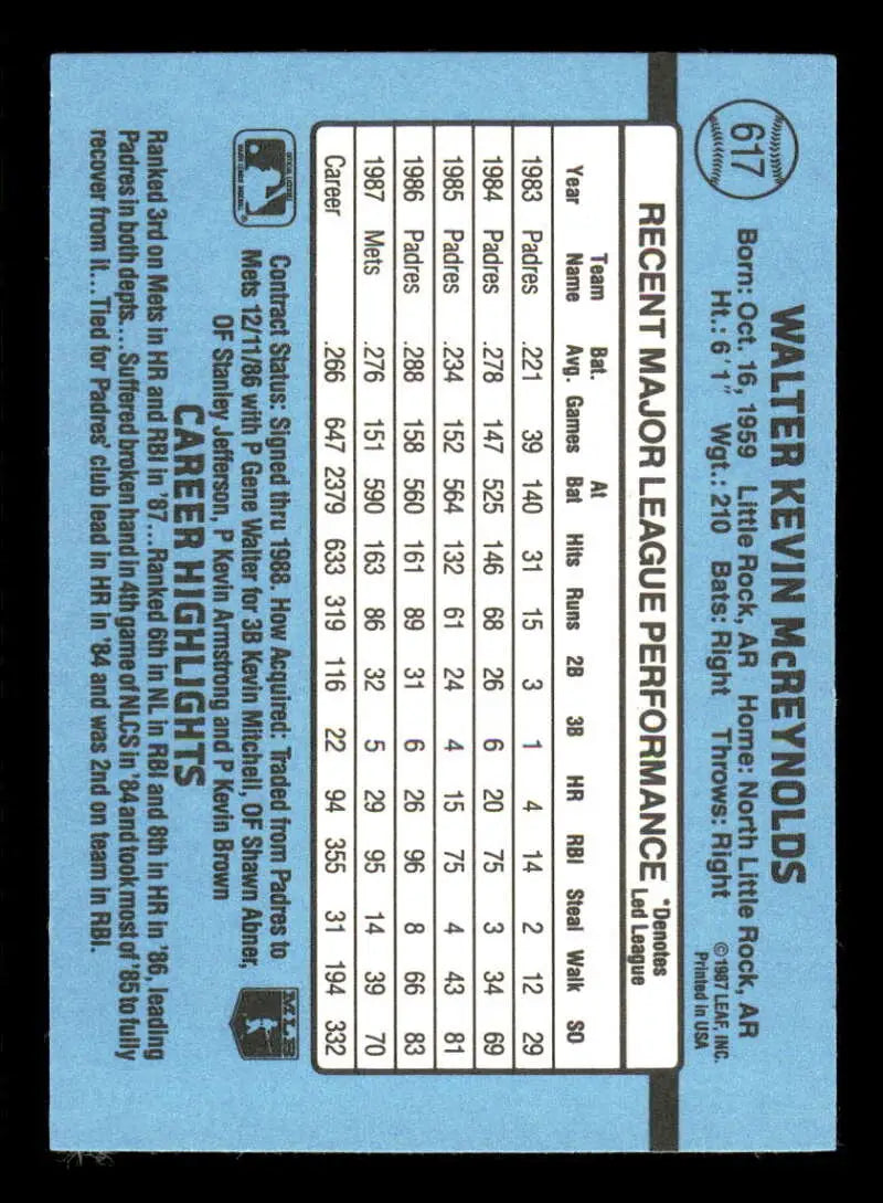 Light blue 1988 Donruss #617 Kevin McReynolds New York Mets Baseball Card statistics