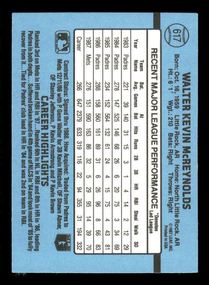 Light blue 1988 Donruss #617 Kevin McReynolds New York Mets Baseball Card statistics