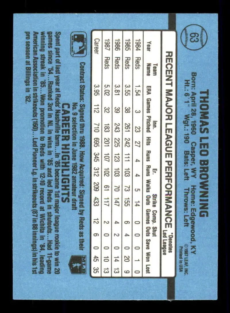Blue baseball trading card of Tom Browning with stats from 1988 Donruss Cincinnati Reds