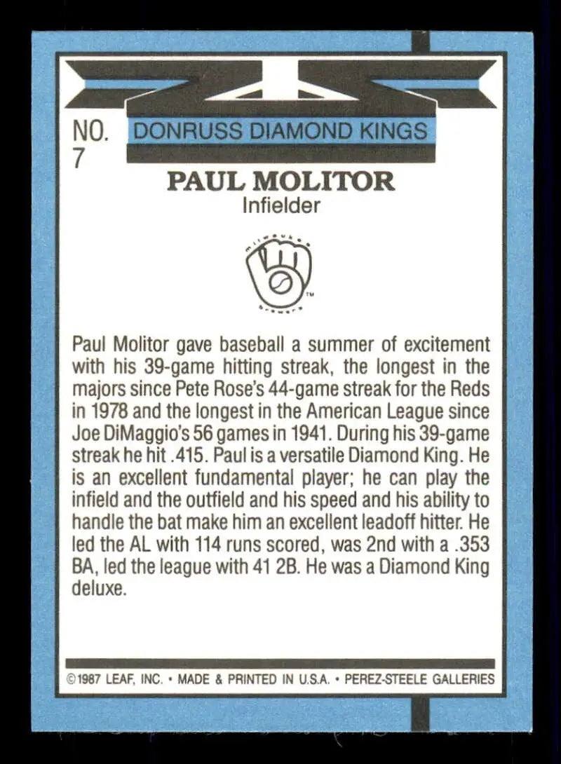 Paul Molitor 1988 Donruss DK Baseball Card for Milwaukee Brewers fans and collectors