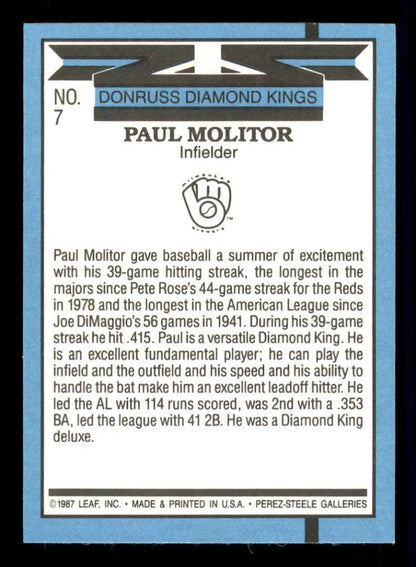Paul Molitor 1988 Donruss DK Baseball Card for Milwaukee Brewers fans and collectors