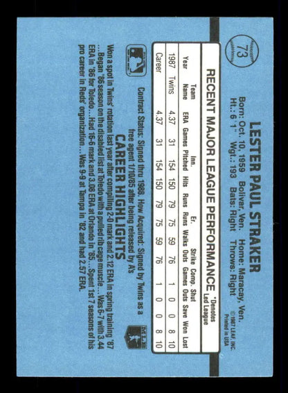 Back of 1988 Donruss #73 Les Straker baseball card showing stats on light blue background