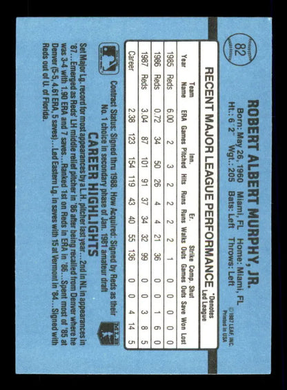 Light blue baseball card back featuring player stats for 1988 Donruss Rob Murphy