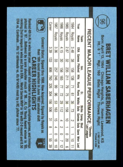Light blue 1988 Donruss #96 Bret Saberhagen Kansas City Royals baseball card statistics
