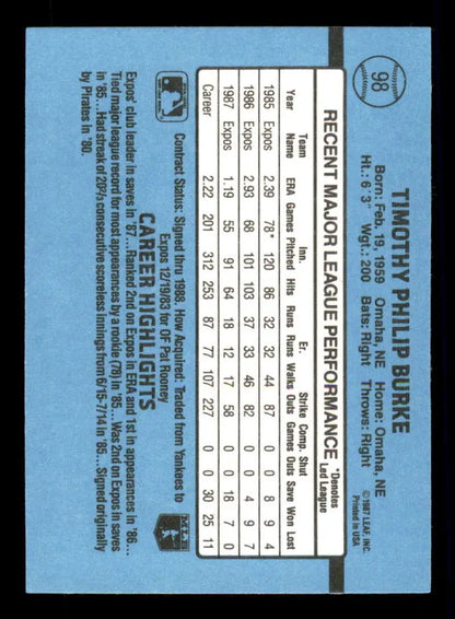 1988 Donruss #98 Tim Burke EX Montreal Expos Baseball Card on light blue background